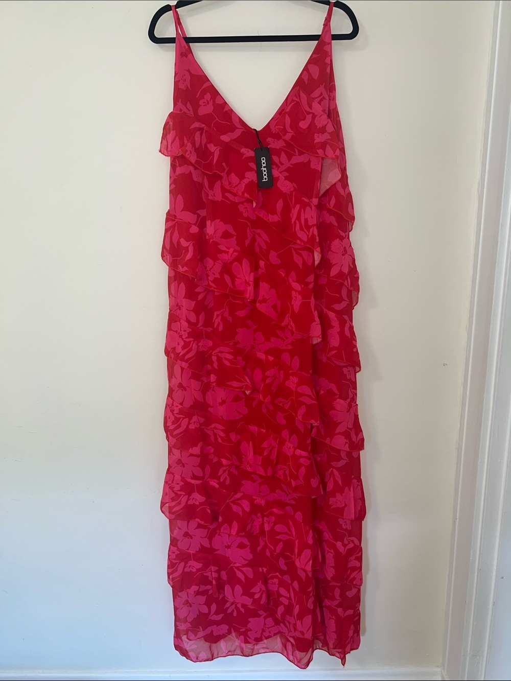 Boohoo Red & Hot Pink Floral Ruffle Maxi Dress - Picture 6 of 6